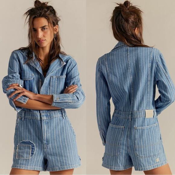 Free People Downtown Denim Railroad Patchwork Coveralls Romper Medium Bohemian